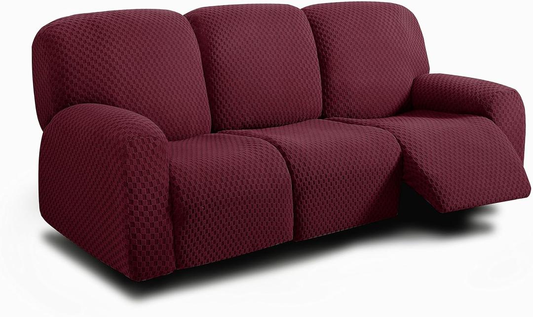 ULTICOR 8-Pieces Recliner Sofa Covers, Jacquared Stretch Couch Covers for 3 Cushion Reclining Sofa Slipcovers Thick Soft Washable (Style 1) (Burgundy - Red, 3 Seater Recliner Cover)