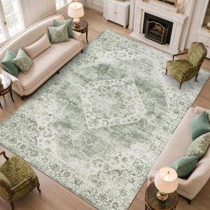 Garvee Sage Green 6x9 Area Rugs for Living Room, Boho Vintage Non-Slip Washable Low-Pile Stain Resistant Soft Carpet for Bedroom Home Office Nursery Kitchen Room Decor