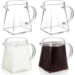 Yarlung Only 3 Pack Small Glass Pitcher, 12 Oz Clear Creamer Pitcher with Handle, Creative Coffee Milk Pitcher Tea Fair Cups for Table Serving, Square Base