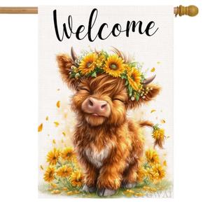 Welcome Summer Highland Cow House Flag 28x40 Inch Double Sided, Floral Yard Flag Farmhouse Holiday Outdoor Decorations
