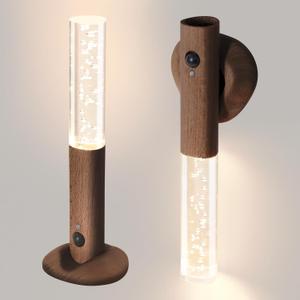 Motion Sensor Night Lights Indoor, Rechargeable Night Lights Wall Sconces Wooden Set of 2, Battery Powered Magnetic Wall Sconces Decor for Bedroom, Hallway, Bathroom, Stairway, ClosetWalnut Wood