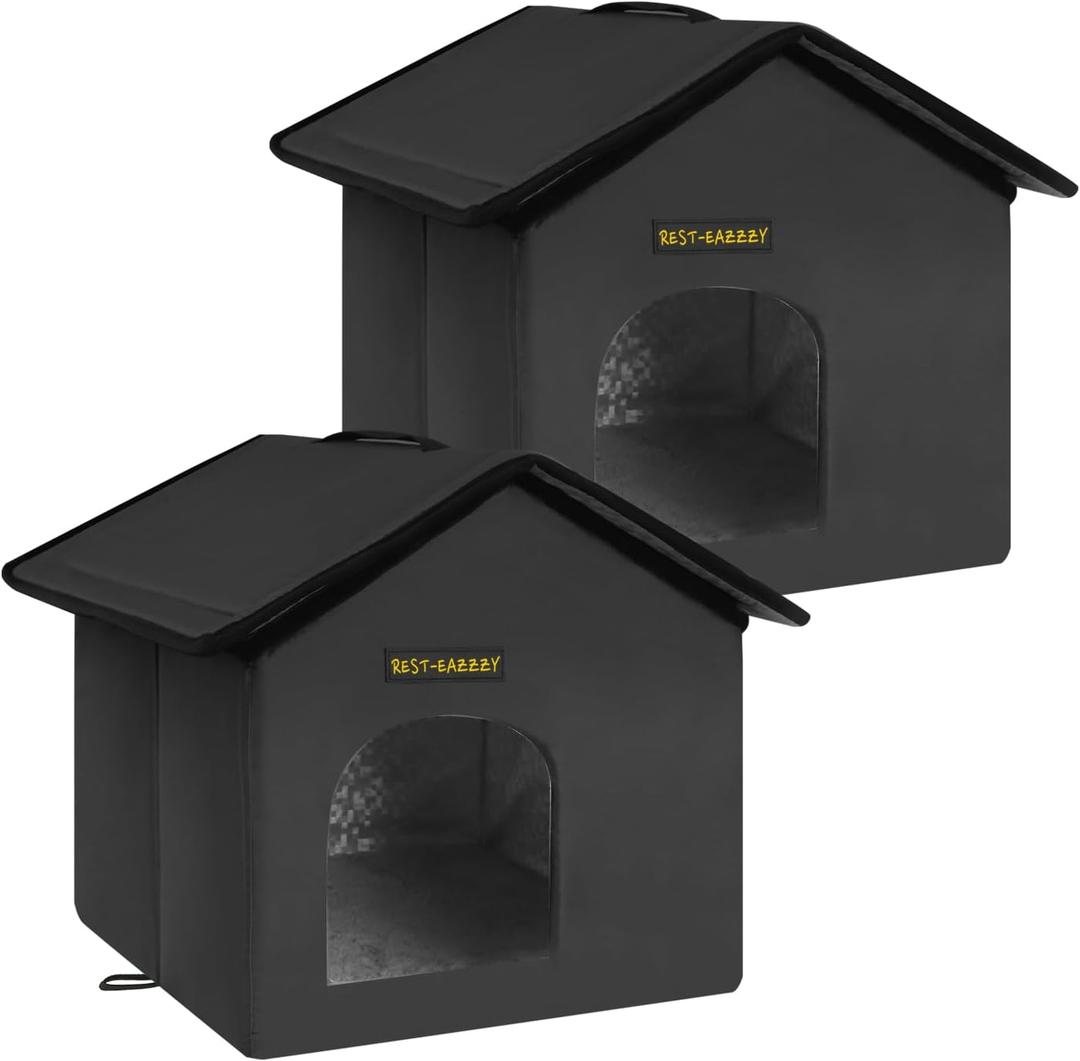 Rest-Eazzzy Cat House for Outdoor Cats, Weatherproof and Insulated Feral Cat House with Mat and Clip, Easy to Put Together, Selfwarming Cat Shelter for Winter, Never Blow Away (Black, House X 2), 13"D x 13"W x 14"H