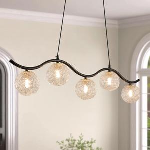 Modern Linear Globe Chandelier Black 5-Lights Dining Room Chandeliers Over Table Mid Century Linear Chandelier Adjustable Height Clear Glass Globe Pendant Light for Farmhouse Kitchen Island