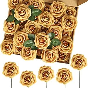 MACTING 60PCS Artificial Flower Roses Real Touch Fake Flowers with Stem Foam Roses for DIY Wedding Bridal Bouquet Table Centerpieces Party Wreath Home Mothers Day Decorations(Gold Yellow)
