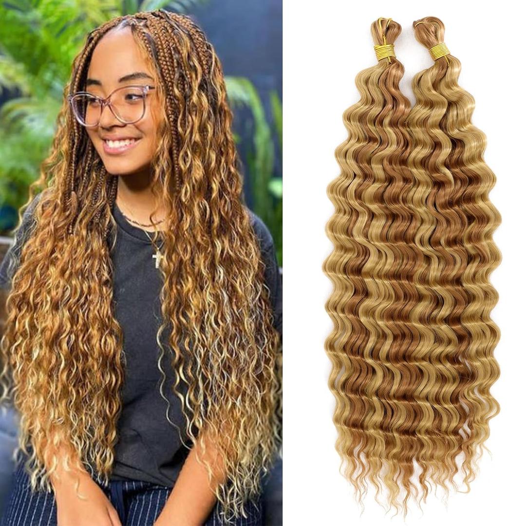 Human Braiding Hair Mix Synthetic Boho Hair for Braiding, 20 Inch Deep Wave Bulk for Boho Braids 2 Pcs Curly Bohemian Wet and Wavy Braiding Hair(P30/27, 20 Inch-2pcs)