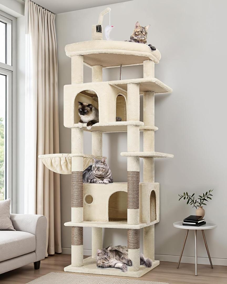 Globlazer Cat Tree for Indoor Cats Large Adult, 74in Tall Cat Tower with Scratching Post, Heavy Duty Cat Tree Tower with 2 Spacious Caves, Oversized Top Perch, Big Hanging Basket, F74B, Beige