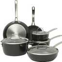 Sur La Table Kitchen Essentials Cool Commune Hard Anodized 10 Piece PFA Free Ceramic Non stick Interior Forged Durable Aluminum Pots and Pans Cookware Set - Black - Induction Compatible