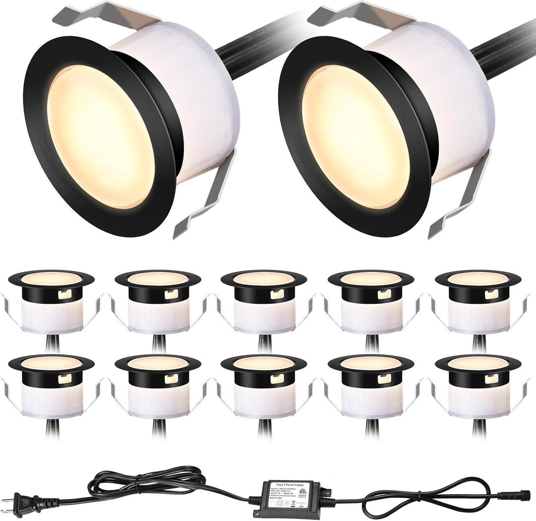 LED Deck Light Kits Warm White, 1.22 Recessed Step Light 12 Pack with Black Protective Shell, DC12V Low Voltage LED Deck Lighting, IP67 Waterproof Outdoor Stair Lights for Garden