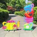Alice Party Decorations Wonderland Yard Decor,Garden Tea Party Decorations Yard Stakes Stand Set, 1 Set Stacked Teacups and 1 Set Teapot with Brackets