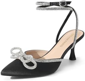 DREAM PAIRS Kitten Heels Rhinestone Bow Ankle Strap Stiletto Pointed Closed Toe Heels for Women Pumps Wedding Bridal Party Dress Shoes Size 8