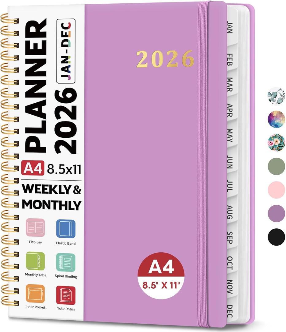 2026 Planner 8.5" x 11", Weekly and Monthly Calendar Planner Book, January 2026 - December 2026, Hardcover Spiral Planner with Monthly Tabs, Notes Pages, Perfect for Women & Men, A4 - Purple