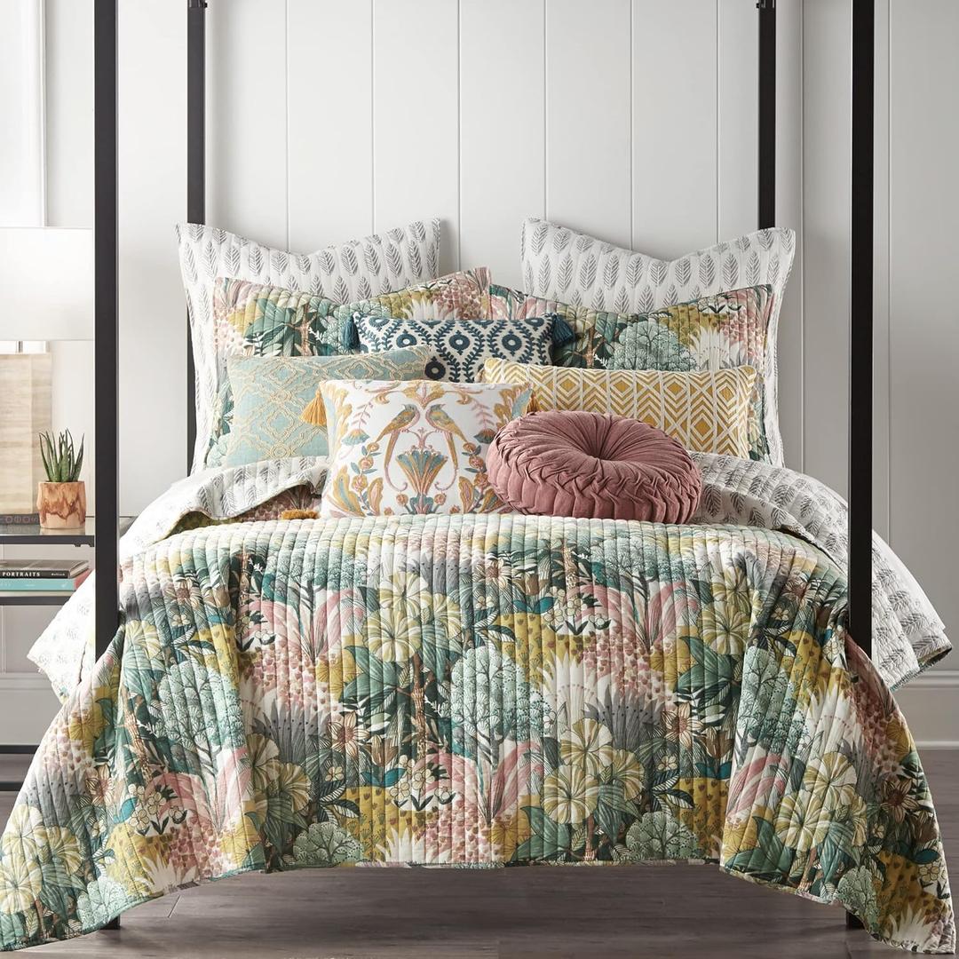 Levtex Home - Ashika Quilt Set - King Quilt and Two King Shams - Tropical - Green, Blush, Ochre, Grey and Cream - Quilt (106x92in.) and Shams (20x36in.) - Reversible - Cotton