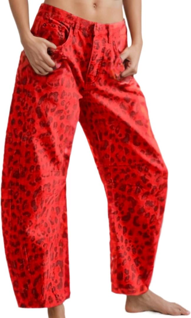 YSW Women's Baggy Barrel Jeans Casual Boyfriend Mid Rise Leopard Printed Wide Leg Denim Ankle Pants Orange XS