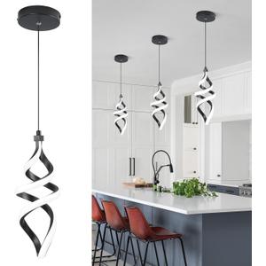 Modern Led Pendant Light Fixture, 15W Black Spiral Led Chandelier Hanging Lamp, 4500K Daylight White Pendant Lamp, Adjustable Height Pendant Light for Kitchen Dining Room Bedroom Kitchen Island Cafe