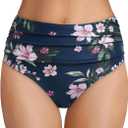 Tempt Me Women's High Waisted Bikini Bottom Tummy Control Ruched Bathing Suit Swim Bottom (Large, Blue Flower)