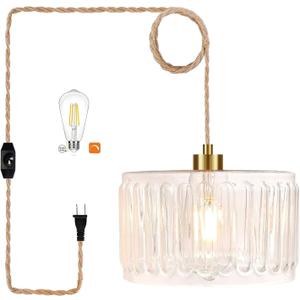 QIYIZM Glass Plug in Pendant Light Hanging Lights with Plug in Cord Milk White Hanging Lamp Gold Dimmable Mid Century Modern Plug in Chandelier Ceiling Fixture for Living Room,Kitchen,Boho
