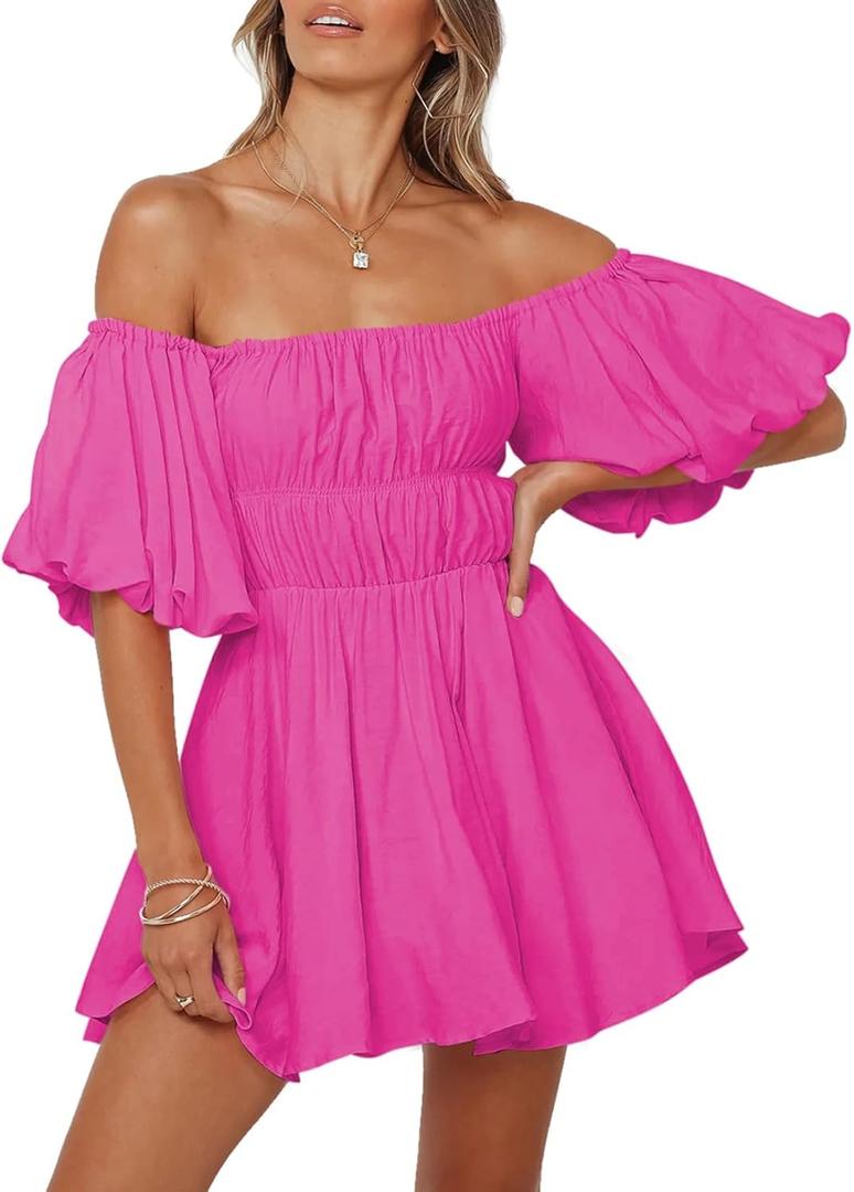 Dokotoo Womens Off The Shoulder Summer Dresses 2026 Short Lantern Sleeve Ruffle Elastic Waist A-Line Casual Mini Dress (Pink, S)