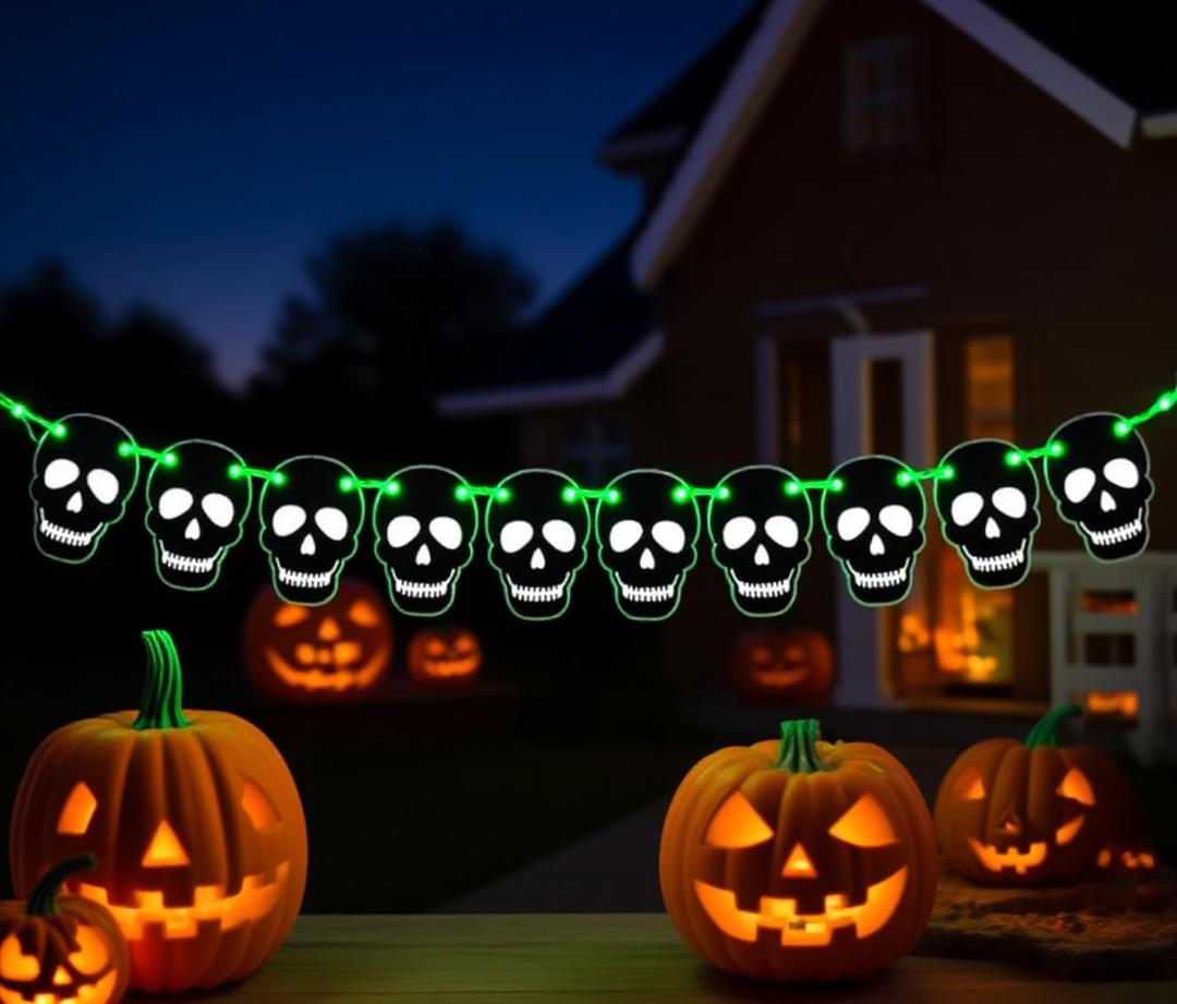 RadiantFlux Glowing Halloween Skull Flag,10Ft Skull Banner for Halloween Decoration, Banner for Gothic Birthday Party Decorations DIY Home Decor, Home Interior Haunted House Supplies