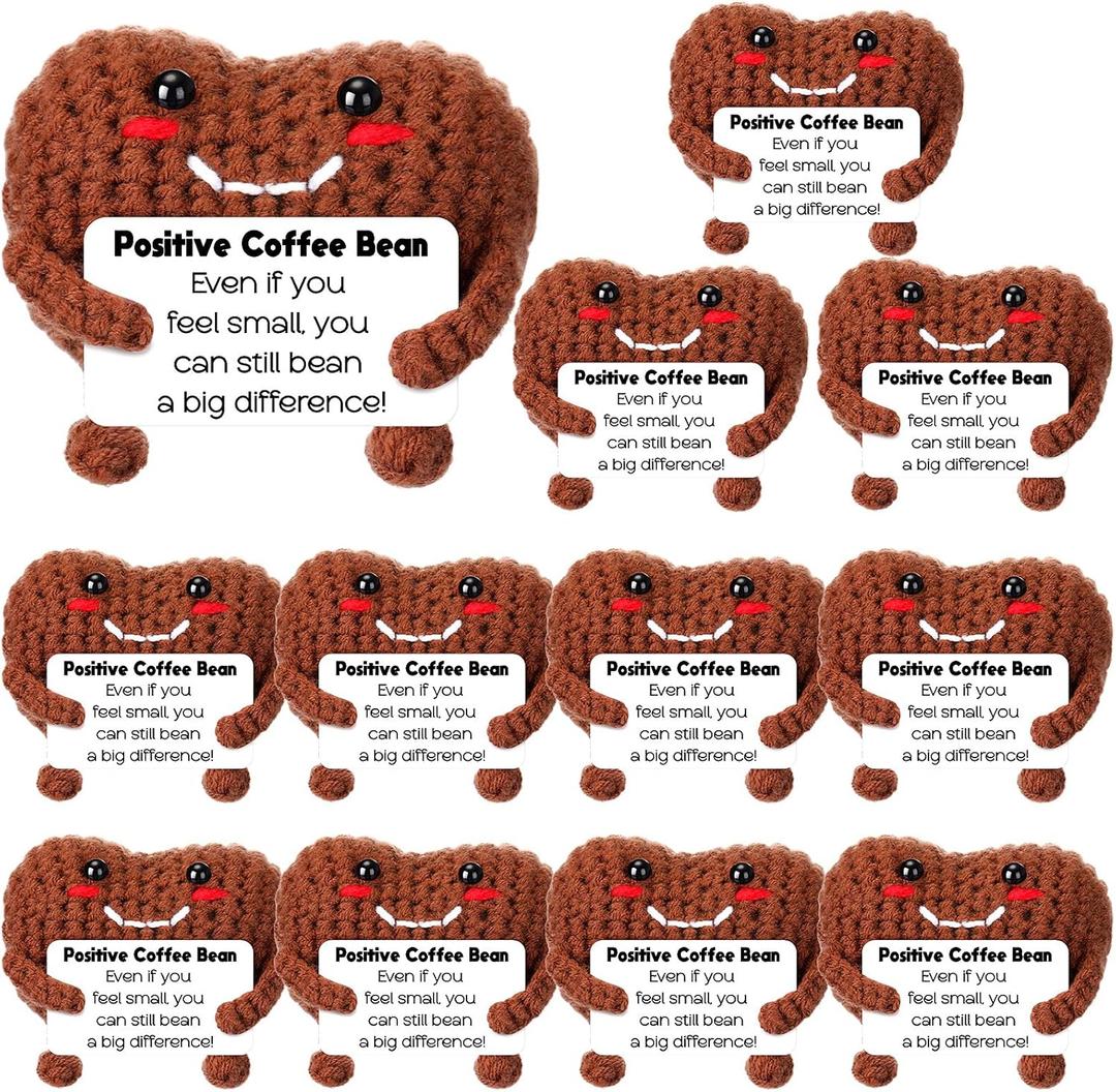 12 Pcs Crochet Coffee Gifts Bulk Small Handmade Plush Coffee Bean with Cards Employees Appreciation Crochet Gifts for Coworkers Staff Home Office Decor Valentines Holiday Party Favor