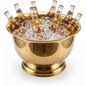 Gold Beverage Tub for Parties, 10L Stainless Steel Drink Cooler, Holds 810 Beer Bottles or 34 Wine Bottles with Ice, Metal Champagne Bucket for Bar Cart, Poolside, Outdoor Entertaining