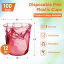 100 Pcs Pink Plastic Cups 12 Oz Disposable Stemless Wine Glasses Cocktail Pink Party Cups for Meeting, Wedding, Birthday, Valentines Party Supplies