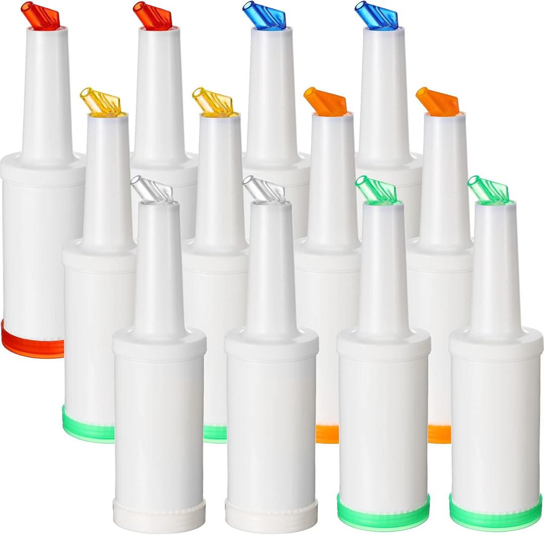 CHENGU 12 Pack Bar Pour Colorful Juice Pouring Bottle Containers 34 oz Plastic Juice Dispensers in 6 Colors for Bar Home Kitchen Party Supplies