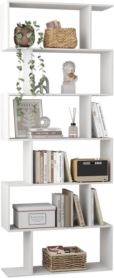 Yusong S Shaped Bookshelf, Modern Geometric Bookcase, 6-Tier White Display Case Book Shelf, 27.8"W x 9.4"D x 74"H