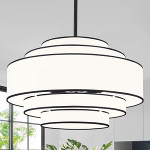 23.62" Modern Drum Chandelier, 5-Tier Black Dining Room Light Fixture Over Table, 6-Light Large Pendant Light Adjustable with White Fabric Chandeliers for Dining Room Kitchen Living Room Bedroom