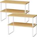 Cabinet Shelf Organizers, 15.7 inches Large Kitchen Counter Shelf, Set of 4 Wood Kitchen Pantry Organizer, Storage Shelves for Countertop, Spice Rack, Stackable, Expandable, Metal White, Nature