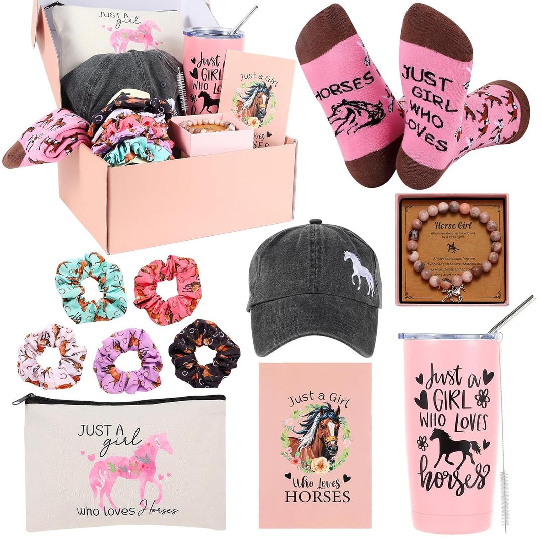 Horse Lover Gifts for Women Horse Stuff Cool Gifts for Horse Lovers Include Horse Tumbler Mug Makeup Bag Baseball Hat Bracelet Hair Band Socks Card for Birthday Christmas