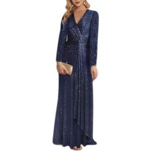 meilun Long Sleeve Sequin Dress for Women Formal Gowns Sparkly V Neck Maxi Dress (Blue, L)