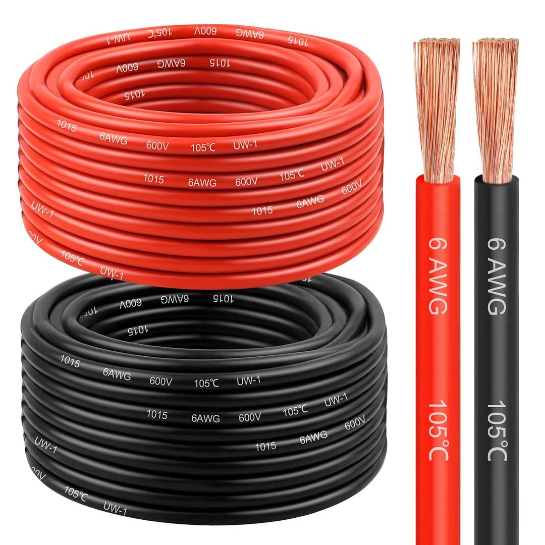 6 Gauge Wire 50 Feet, 6 AWG Pure Copper Wire, 6AWG Red and Black Oxygen Free Stranded Low Voltage Wire for Solar Panel, Automotive, Audio Auto, LED Lighting, Generator(6 AWG 50FT)