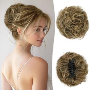 RUWISS Large Messy Bun Hair Piece with Claw Clip Human Hair Bun Wavy Curly Chignon Hair Bun Extensions Tousled Updo Hair Pieces for Women Claw Clip Ponytail for Women, Brown Mixed Light Blond