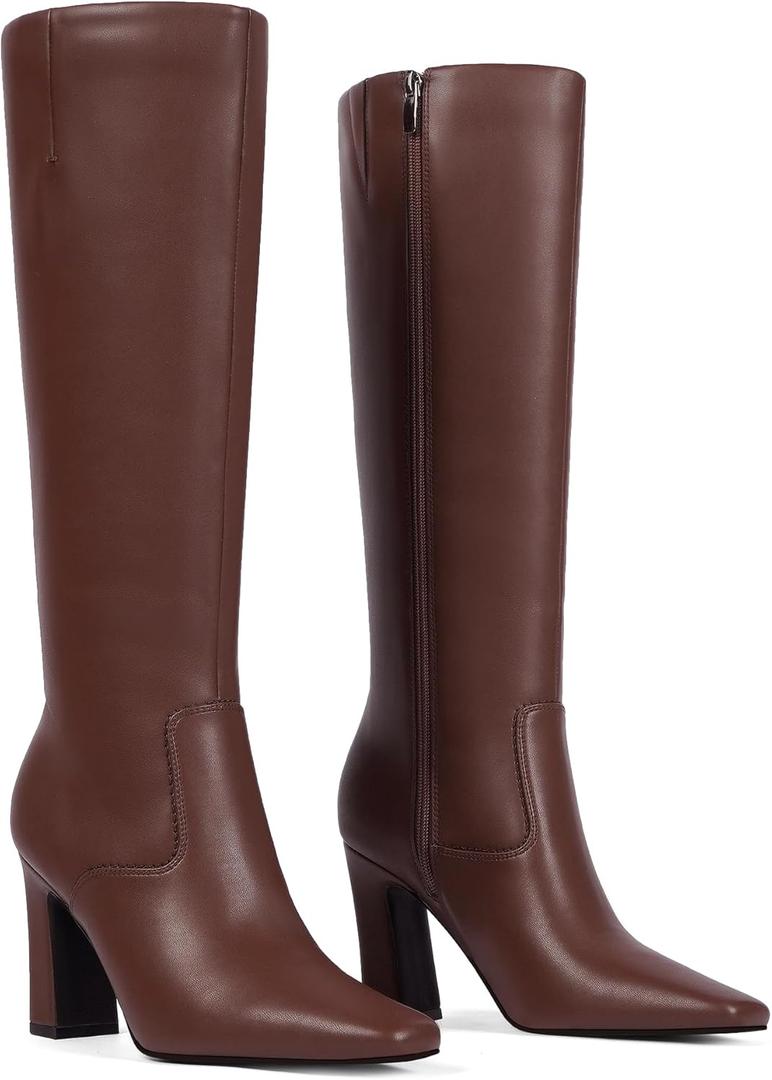 Knee High Boots for Women 3" Chunky Heel Square Toe Fall Winter Side Zipper Dress Tall Boots for Women (7.5, Light Borwn)