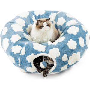 Lesure Cat Tunnel Bed for Indoor Cats - Cute Cat Donut Tunnel Toys for Small Large Cats with Washable Circle Cushion, Round Pet Peekaboo Cave Toy for Kitten/Puppy/Rabbit, Standard Cozy Clouds Blue