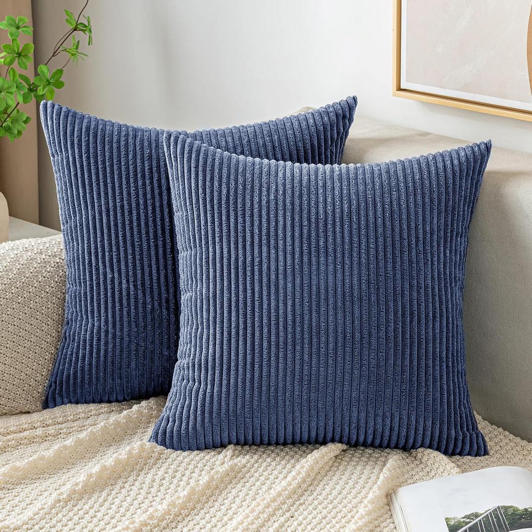 EMEMA Throw Pillow Covers Corduroy Decorative Soft Striped Square Cushion Covers Spring Pillowcases for Couch Sofa Bedroom Chair Car 20x20 Inch Pack of 2, Dusty Blue