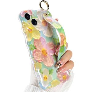 for iPhone 14 Plus Case with Finger Hand Wrist Strap, Cute Colorful Oil Painting Flower Floral Phone Case for Girls Women Stylish Aesthetic Curly Wave Frame Protective Cover, Pink Green