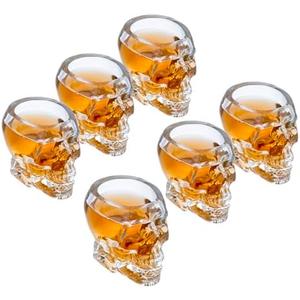 MyGift Set of 6 Skull Shot Glasses – 2.8 oz Clear Glass Novelty Drinkware for Halloween Parties, Cocktail Bars & Home Decor – Spooky 3D Skull Design
