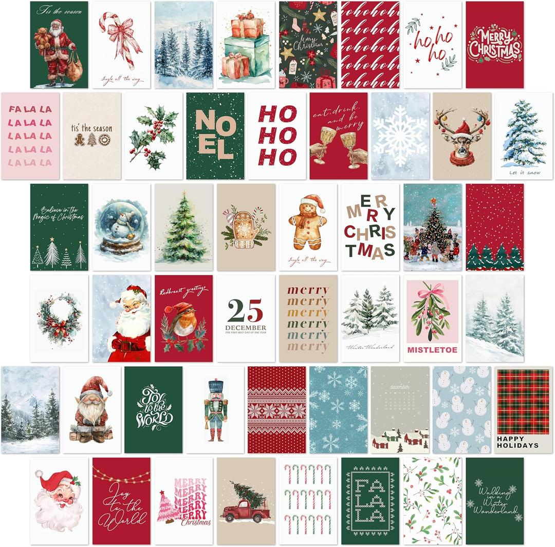 TwoDays Christmas Wall Art Collage Kit, Retro Xmas Cards, Classic Holiday Santa Poster for Room Decor, Boho Aesthetic Pine Tree Cheers Artwork Picture Postcards Prints. (Set of 50, 4" × 6")