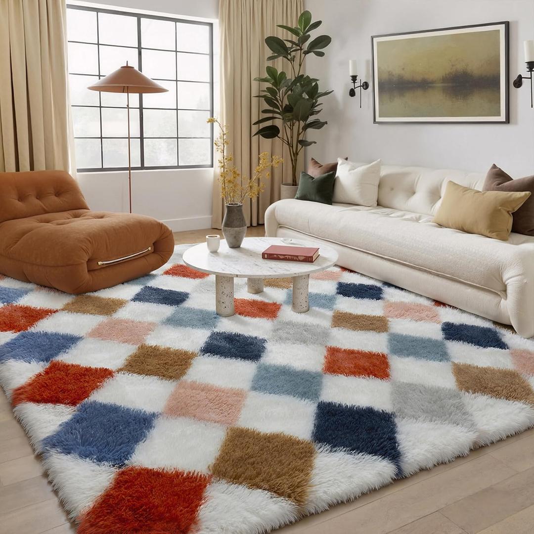 6x9 Checkered Rug for Living Room Rainbow Soft Fluffy Shag Area Rug Bedroom Modern Plush High Pile Non Slip Fuzzy Carpet for Colorful Home Decor