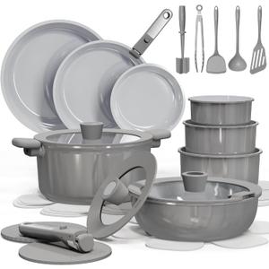 CAROTE 27pcs Ceramic Cookware Set Nonstick, Pots and Pans Set Non stick, Non Toxic Cookware, Dishwasher/Oven Safe, RV/Camping Cookware Set, Pan and Pot with Kitchen Utensils, Dark Gray