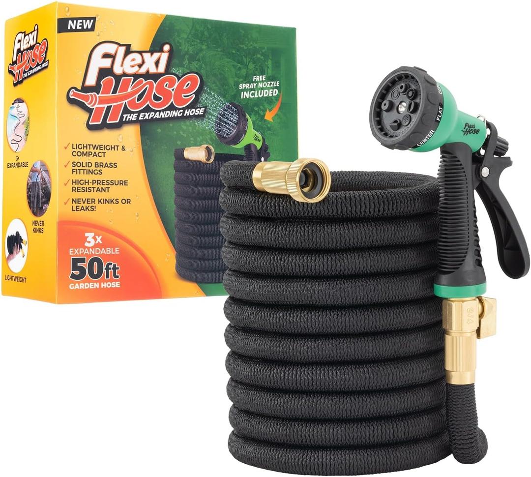 Flexi Hose with 8 Function Nozzle, 50FT - Lightweight Expandable Garden Hose, No-Kink Flexibility, 3/4 Inch Solid Brass Fittings and Double Latex Core (Black)