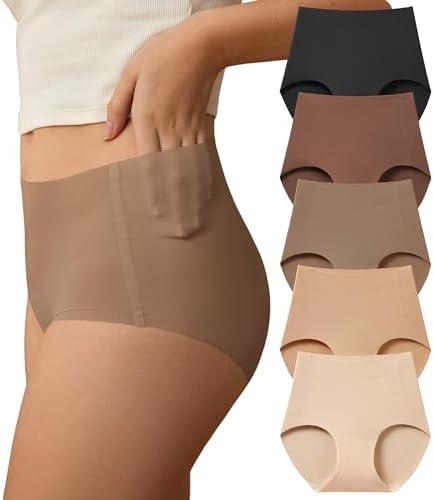 SHARICCA Seamless High Waisted Underwear for Women No Show Full Coverage Panties Nuage Microfiber Briefs Pack (Medium, Soft Brown and Nudes)