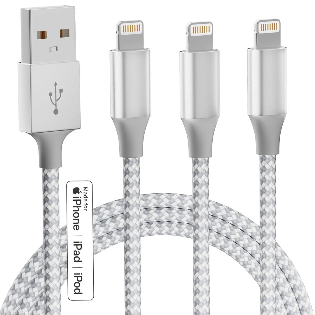 iPhone Charger 3pack 10FT Apple MFi Certified Long Lightning Cable Fast Charging Nylon Braided USB Charging Cable High Speed Transfer Cord for iPhone 14 13/12/11 Pro Max/XS MAX/XR/XS/X/8/7/Plus/6S (Silver&Grey)