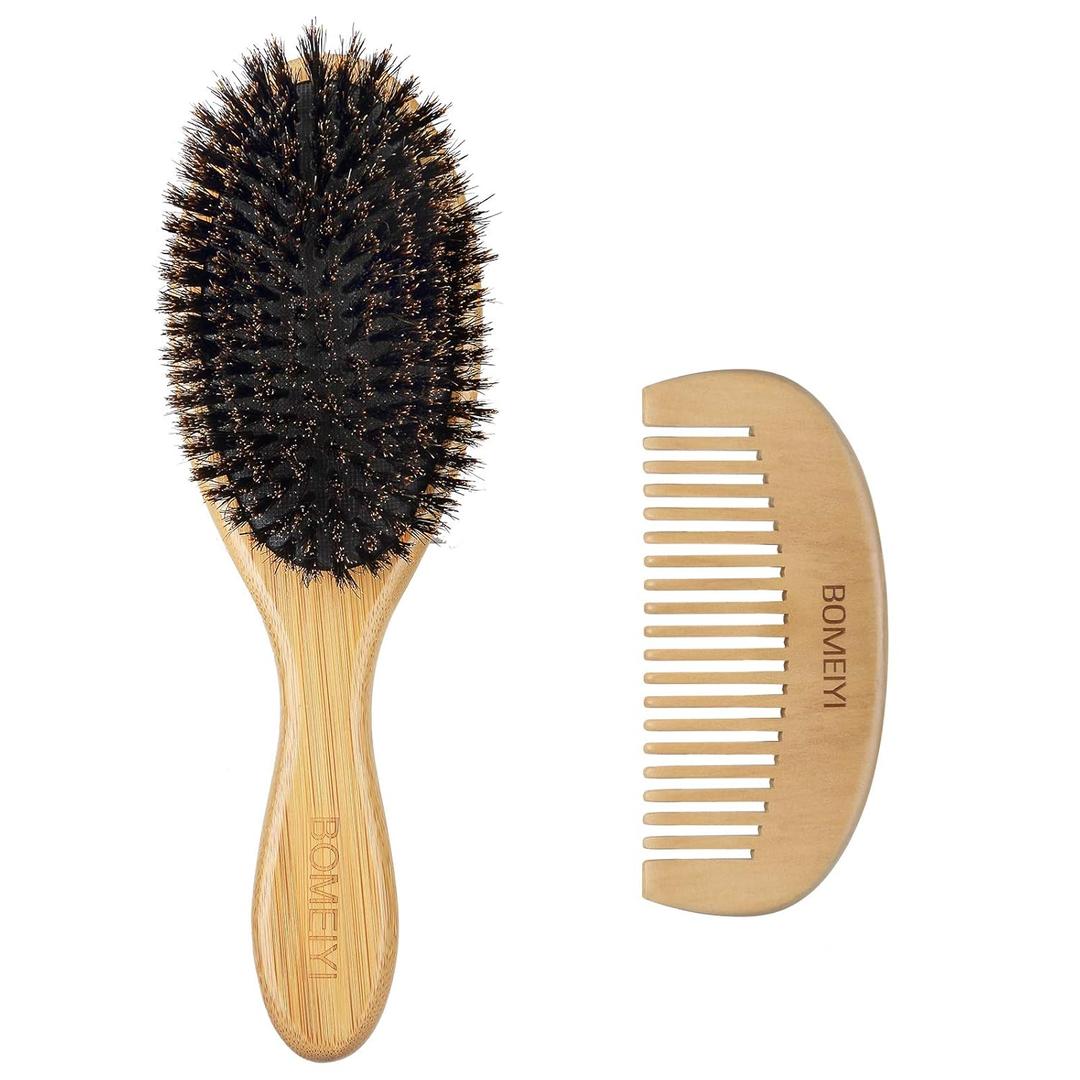 100% Boar Bristle Hair Brush Set (Medium). Soft Natural Bristles for Thin and Fine Hair. Restore Shine And Texture. Wooden Comb and Travel Bag Included. (Black)