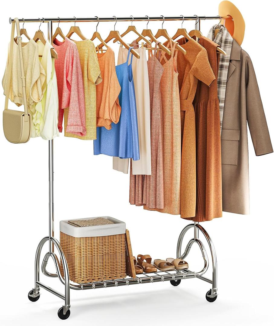 TigerParty Heavy Duty Clothing Rack for Hanging Clothes, Metal Clothes Rack Load 600 LBS, Rolling Coat Racks for Hanging Clothes with Lockable Wheels, Wardrobe Closet Garment Racks for Bedroom