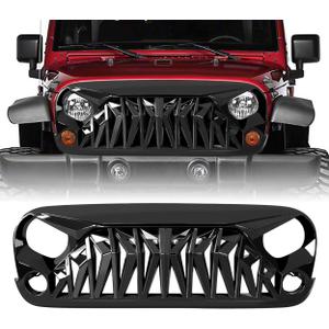 JK Glossy Black Shark Grille Front Grill Compatible with 2007-2018 Jeep Wrangler Rubicon Sahara Sport, ABS