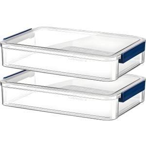 2 Pcs 5.5qt 9 x 13 Plastic Portable Project Case With Snap-Tight Latch, Clear Stackable Storage Boxes Organizer for A4 Files, Photos, Scrapbooks, Art Supplies (Blue Latch, Large)