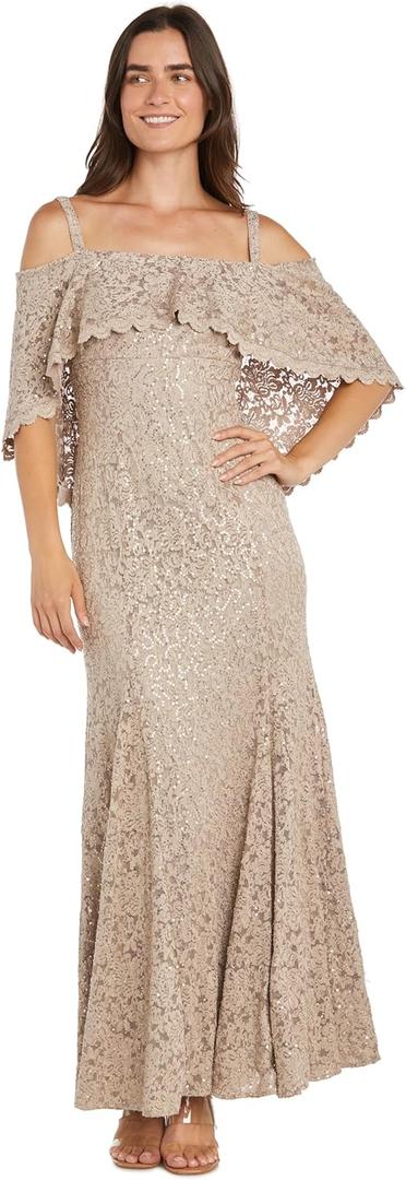 Long Sequin Lace Cocktail Dress W/Off The Shoulder Neckline and Capelet (14 Petite, Champagne)