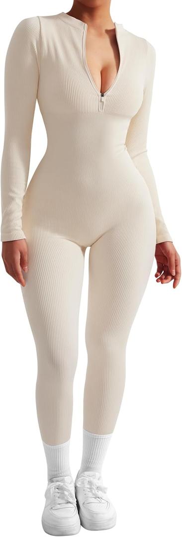 SUUKSESS Women Long Sleeve Ribbed Jumpsuit Zip up Front Workout Bodycon Romper (Medium, 02 Beige)